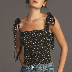 Reformation Ellora Black Floral Tie-Strap Top